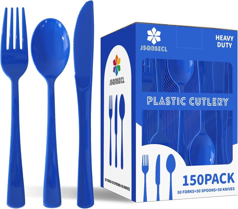 JSQBSECL 150 piece disposable cutlery set in royal blue